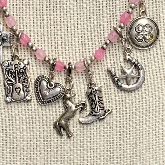 Western Bracelet Choker Necklace 14 In As Is Pink 7 Charms Cross Horse Boot BoHo - Picture 3 of 7